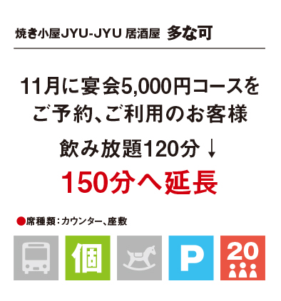 11月に宴会５０００円コースをご予約・ご利用のお客様は飲み表題１２０分を１５０分へ延長